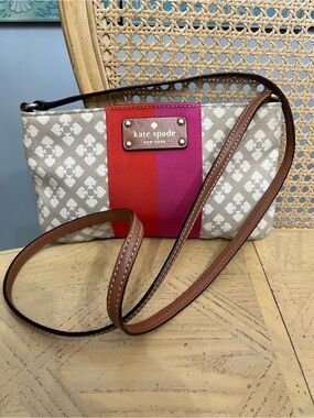 kate spade Beige Canvas Crossbody with Red & Pink Center Stripe